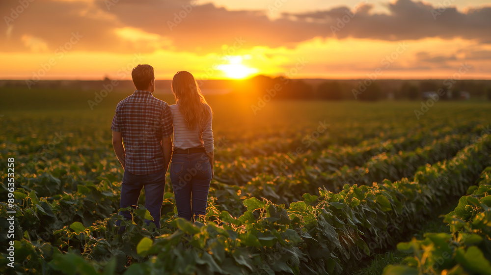 Fototapeta premium The golden hour light casts long shadows across the field, creating a serene and picturesque scene of rural agriculture