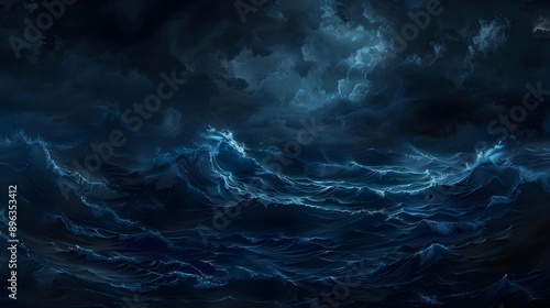 Dark ocean storm with lightning and waves at night
