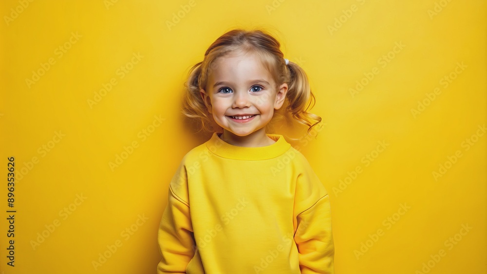 Little Girl in Yellow Sweatshirt Against Yellow Background, portrait , childhood , happiness, cute