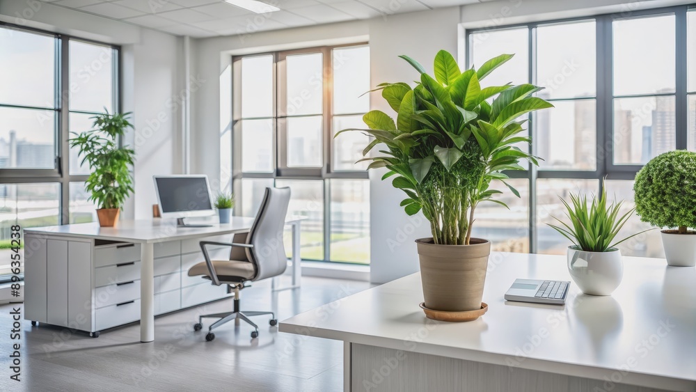 Minimalist Office Interior with Plants and Desk, Window, Desk, Green, White, office design Minimalist Office Interior with Plants and Desk, Window, Desk, Green, White, office design