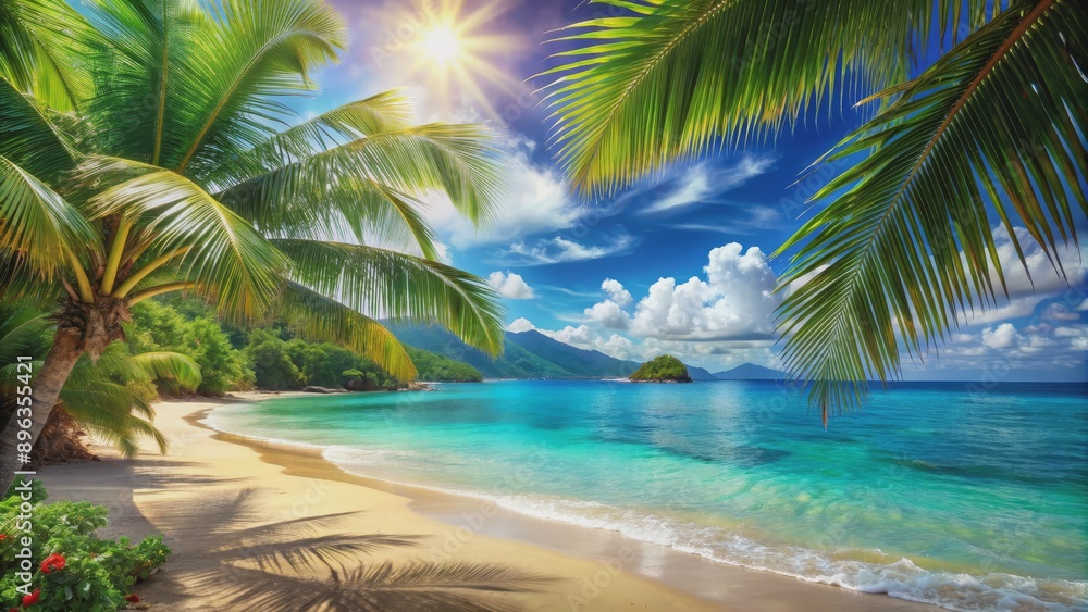 Fototapeta premium Palm Tree Canopy Over Tropical Beach, Sunny Sky, Palm Fronds, Beach Scene, Ocean View, tropical beach, palm tree
