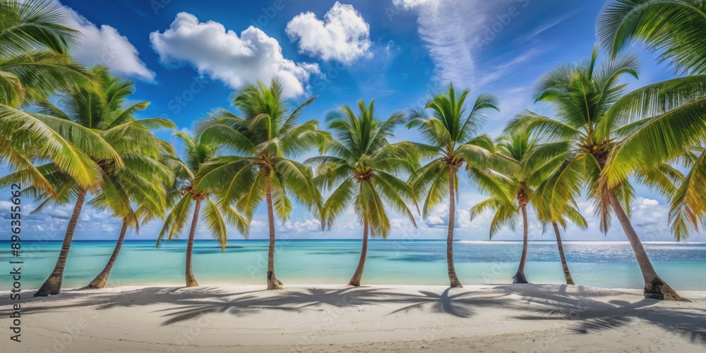 Obraz premium Palm Trees Line a Pristine Beach, 9 Palms, White Sand, Turquoise Water, Blue Sky, Palm Trees, Beach