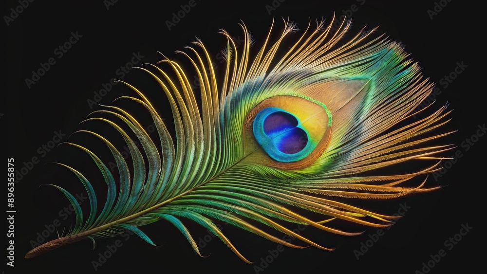Obraz premium Peacock Feather A Symphony of Colors, Close-up of a Single Peacock Feather, Isolated on Black, Nature's Beauty , Peacock Feather, bird feather, nature