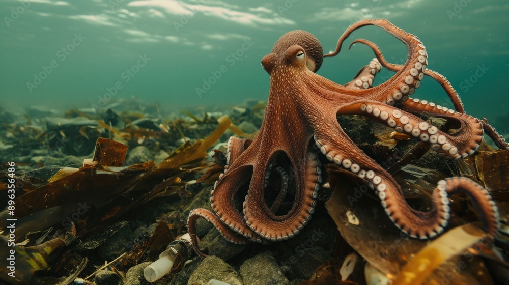 Fototapeta premium Octopus and garbage on the ocean floor. Concept of environmental pollution 