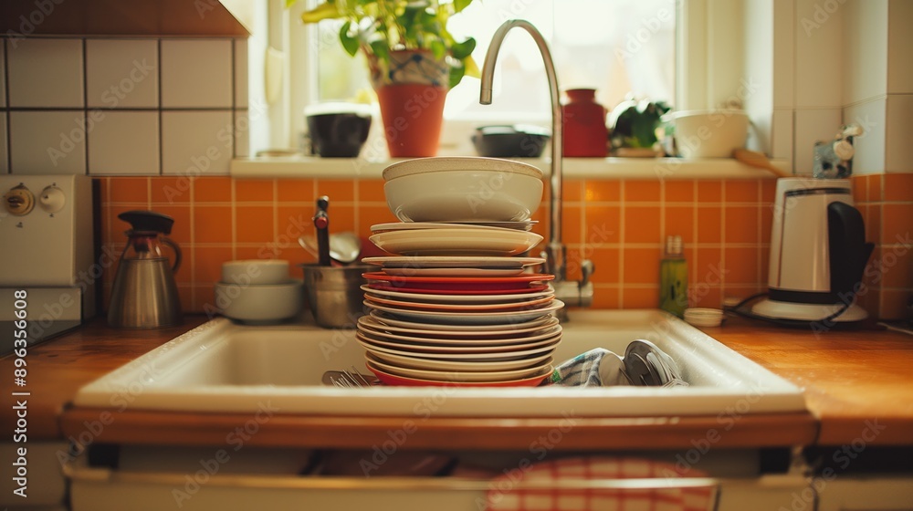 A stack of dirty dishes in the kitchen sink. The concept of hygiene and cleanliness A stack of dirty dishes in the kitchen sink. The concept of hygiene and cleanliness