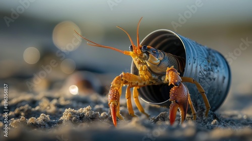 A hermit crab lives in an old tin can instead of a shell. Concept of environmental pollution photo