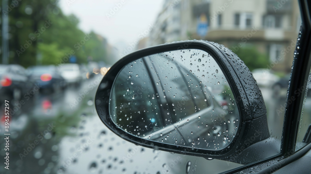 Rainy day driving with limited visibility due to rain drops on the windshield and car mirror. Rainy day driving with limited visibility due to rain drops on the windshield and car mirror.