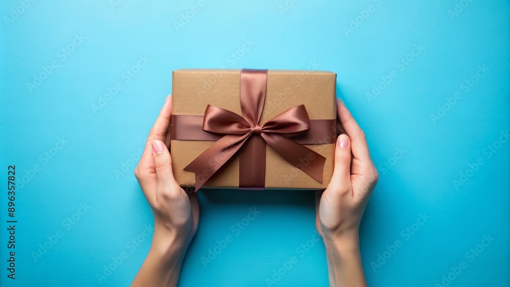 Brown Gift Box with Ribbon in Hands, Blue Background, Gift, Present, Celebration, Surprise Brown Gift Box with Ribbon in Hands, Blue Background, Gift, Present, Celebration, Surprise