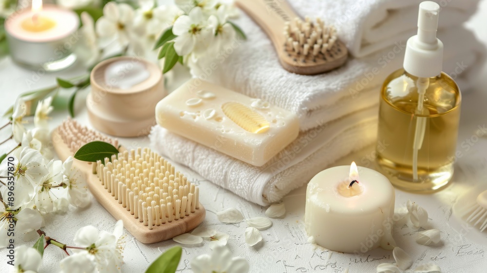 Relaxing bath time essentials on a smooth white surface. Includes a soft towel, fragrant soap, comb, nourishing oil, shampoo, exfoliating loofah, and calming candles. Relaxing bath time essentials on a smooth white surface. Includes a soft towel, fragrant soap, comb, nourishing oil, shampoo, exfoliating loofah, and calming candles.