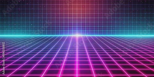 Retro Neon Grid Background with Glowing Lines, 3D Render, Cyberpunk, 80s, Futuristic, Neon Lights © BrilliantPixels