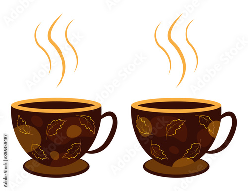 Cup of coffee with a pattern of stains and gold leaves on a white background, vector. Autumn cup design.