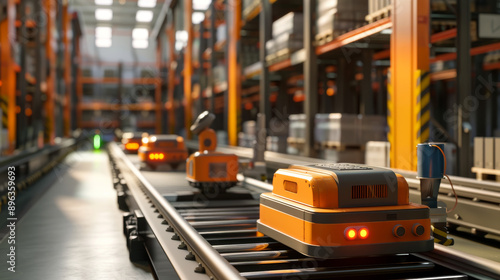 Robots move goods in a warehouse using an automated system, making logistics more efficient and organized.