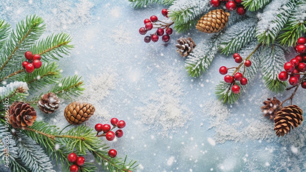 Snowy Pine Branches with Red Berries and Pine Cones, Christmas Background, Winter Wonderland, Festive Decoration, Pine Cones Snowy Pine Branches with Red Berries and Pine Cones, Christmas Background, Winter Wonderland, Festive Decoration, Pine Cones