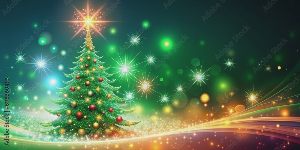 Naklejka premium Sparkling Christmas Tree with Lights and Bokeh, christmas , holidays , festive , celebration