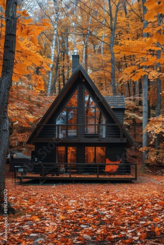 A-Frame Cabin With Deck In Autumn Woods © ArtCookStudio