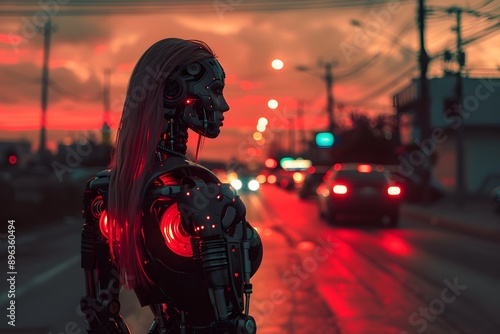 A woman in a robot suit standing on the side of a road