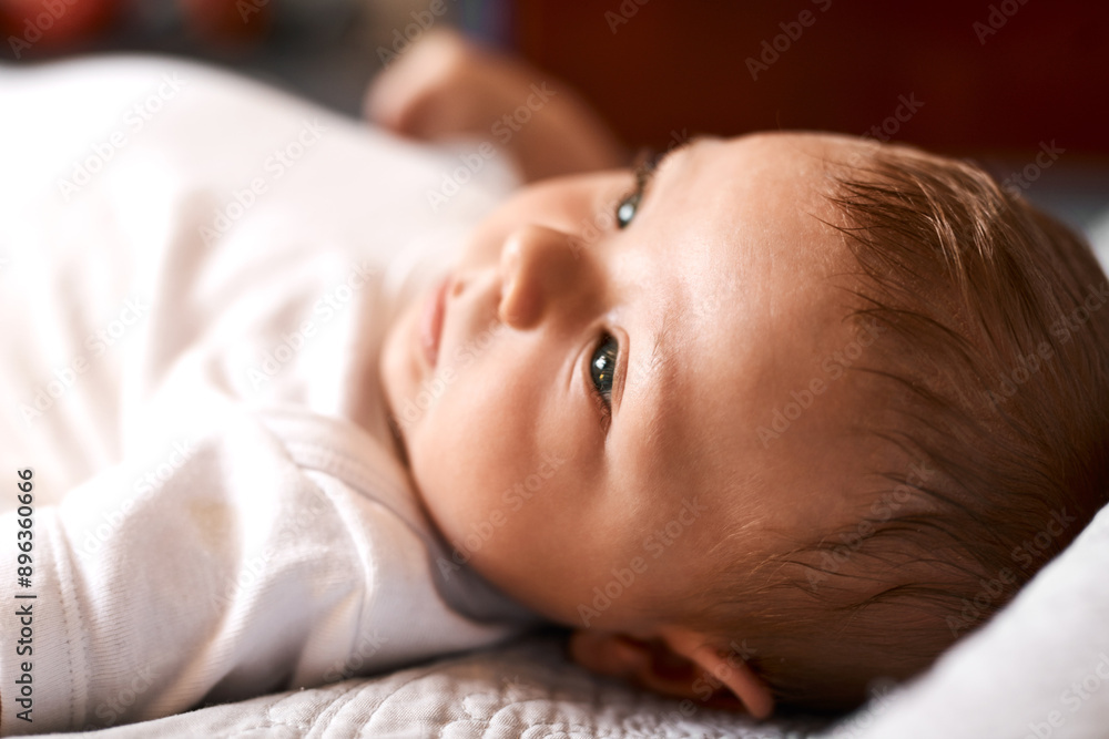 Home, growth and baby in nursery for relax, awake and wellness for health development with comfort. House, boy newborn or infant in bed with curiosity, resting and innocent with early childhood Home, growth and baby in nursery for relax, awake and wellness for health development with comfort. House, boy newborn or infant in bed with curiosity, resting and innocent with early childhood