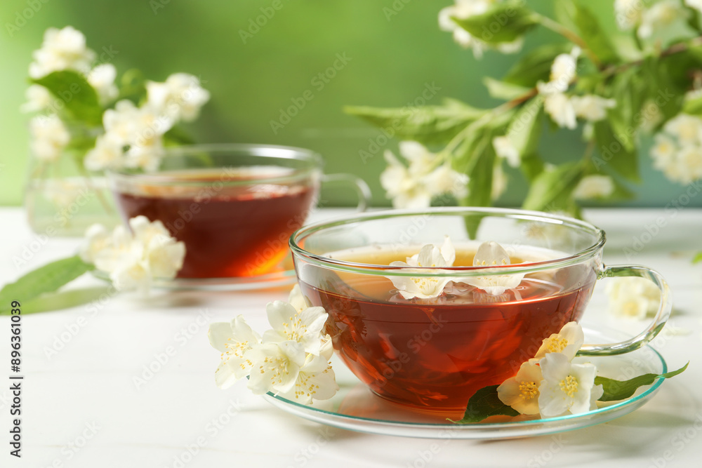 Hot jasmine tea in cup and flowers on white marble table Hot jasmine tea in cup and flowers on white marble table