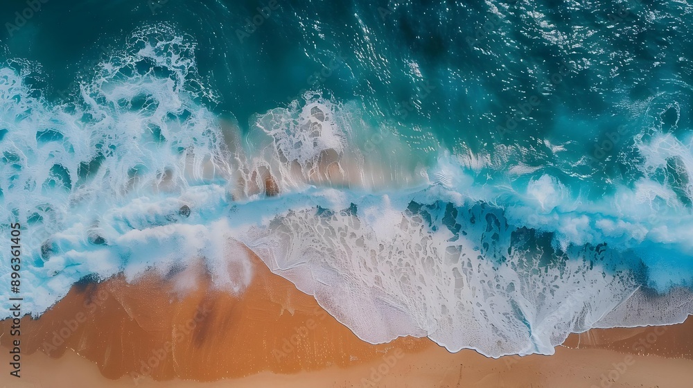 Wide aerial view of ocean waves crashing Wide aerial view of ocean waves crashing