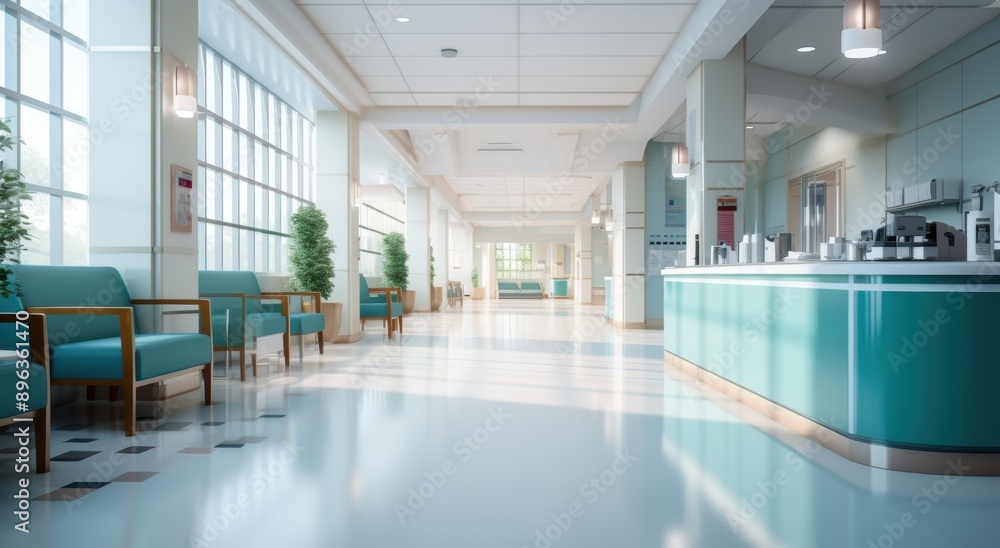 Hospital hallway, reception clinic. Unfocused background Hospital hallway, reception clinic. Unfocused background