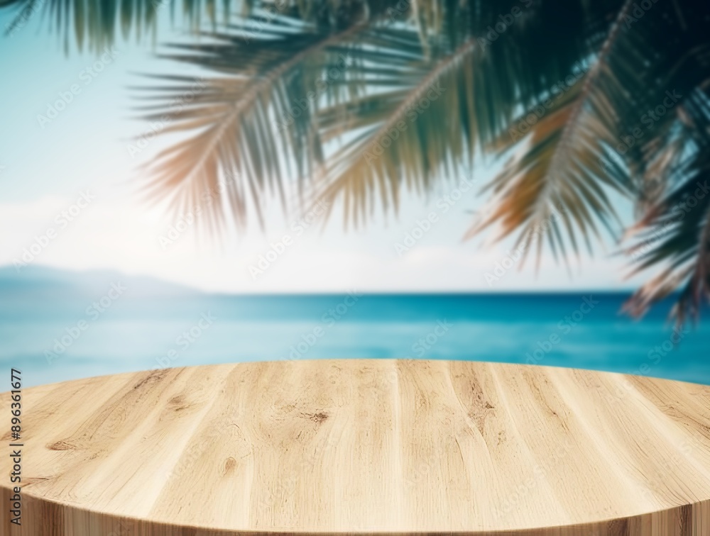 Fototapeta premium Wooden table with tropical sea landscape background