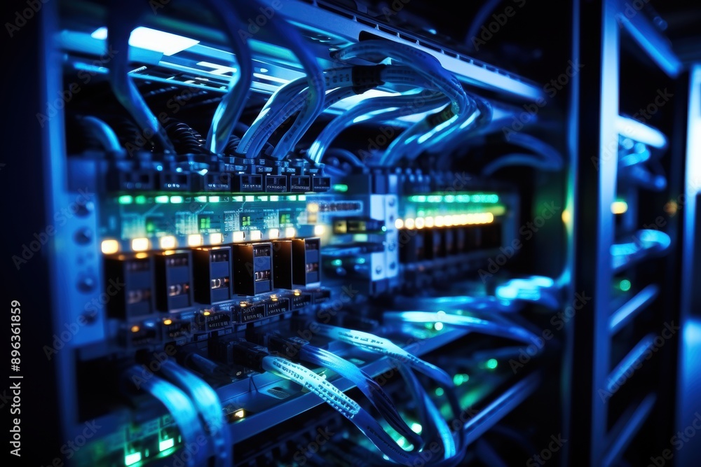 Server room with switch, internet cables and wires. Fiber optic equipment in data center. Network background Server room with switch, internet cables and wires. Fiber optic equipment in data center. Network background