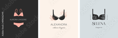 Lingerie, intimate wear, period underwear logos set. Retro, luxury vintage style. Collection of hand drawn vector design