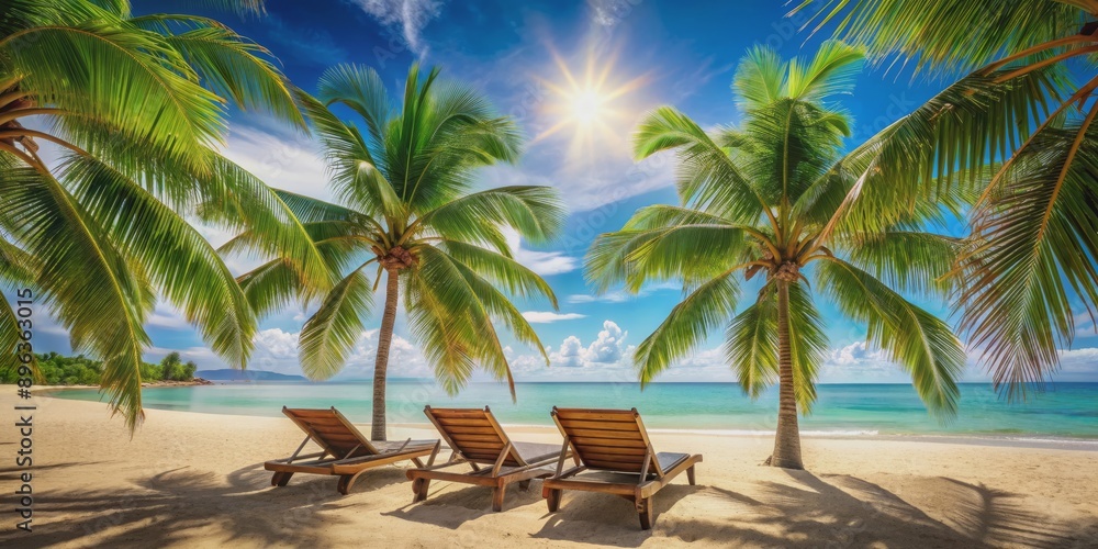 Fototapeta premium Tropical Paradise Three Wooden Loungers on a Pristine Beach with Palm Trees and a Shining Sun, Beach , Relaxation , Vacation , Paradise