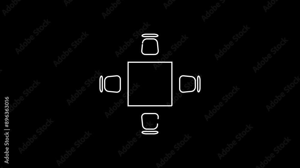 set of office tables and chairs icons on black background. 4k animation ...