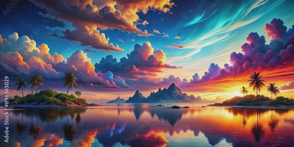 Tropical Sunset with Colorful Clouds and Mountain Reflection, sunset , tropical , mountain , reflection Tropical Sunset with Colorful Clouds and Mountain Reflection, sunset , tropical , mountain , reflection