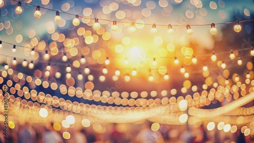 Twinkling Lights Against a Sunset Sky, String Lights, Bokeh, Festive, Nighttime, Party , string lights