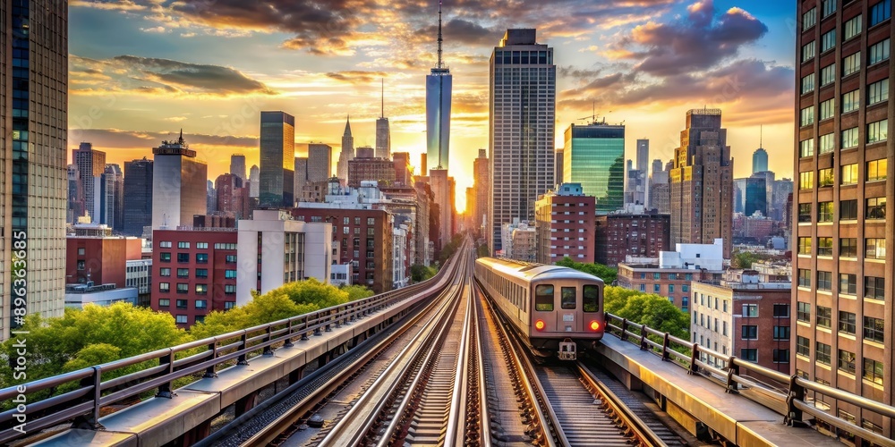 Cityscape Sunset with Train, NYC , Elevated Train , Urban Landscape , Golden Hour Cityscape Sunset with Train, NYC , Elevated Train , Urban Landscape , Golden Hour