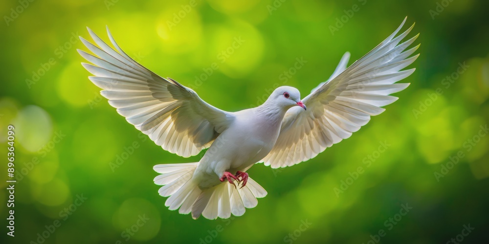 Obraz premium White Dove in Flight with Green Bokeh Background, dove, bird, nature , peace
