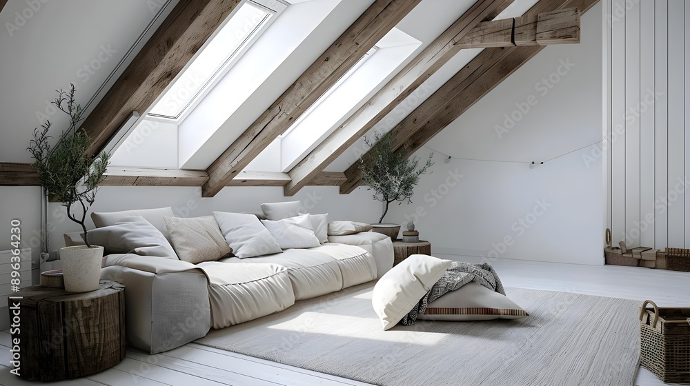Grey attic living room interior with sofa Grey attic living room interior with sofa