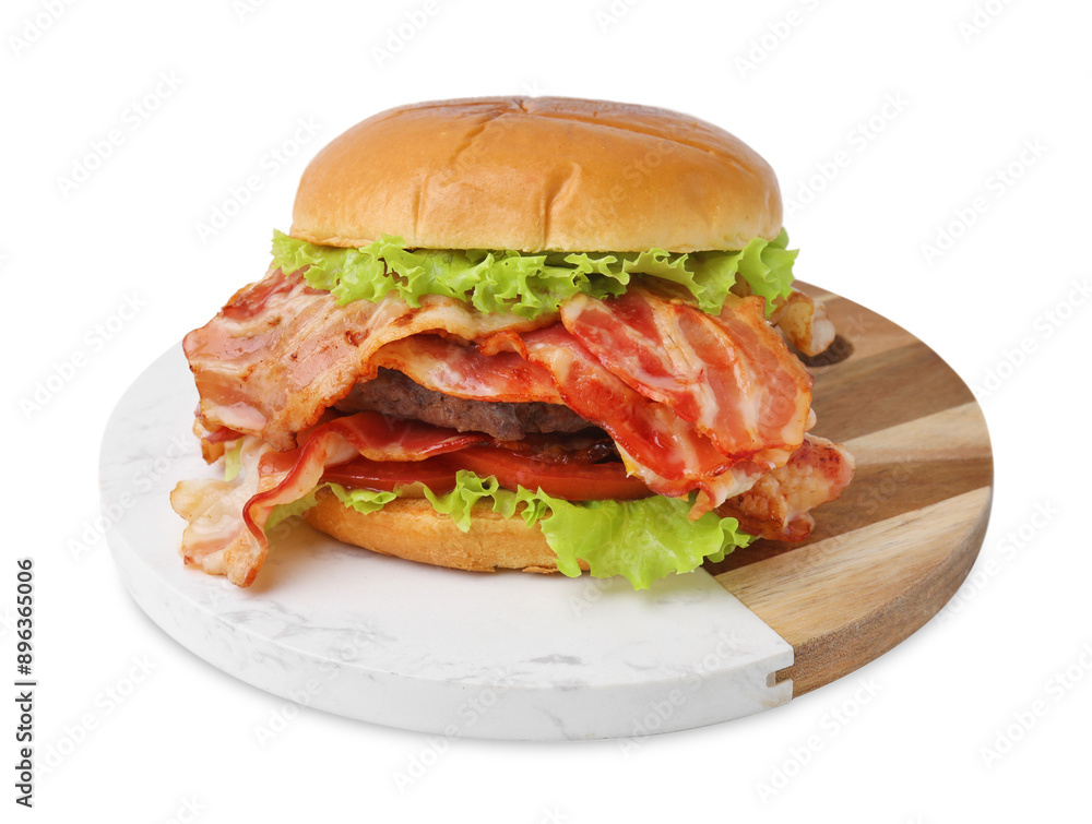 Delicious burger with bacon, patty and tomato isolated on white Delicious burger with bacon, patty and tomato isolated on white