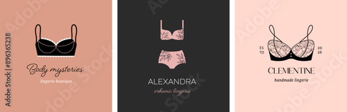 Lingerie, intimate wear, period underwear logos set. Retro, luxury vintage style. Collection of hand drawn vector design