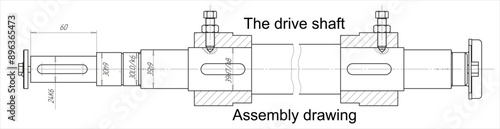 Assembly drawing of speed drive shaft. 
Vector cad scheme of part of steel mechanical device with dimension lines.
Engineering background. Technical template. 
Cross section.