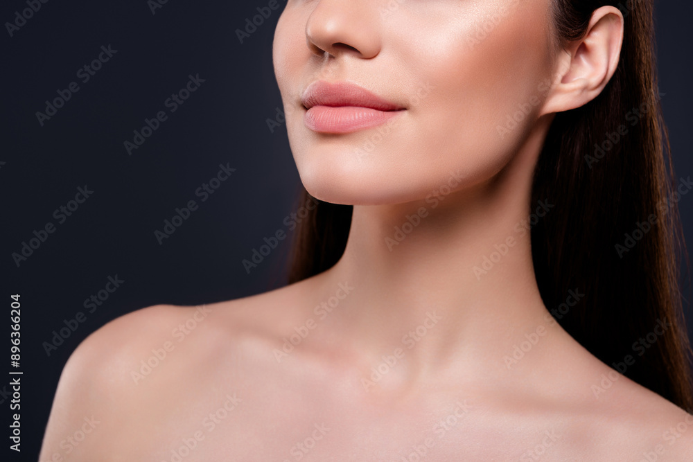 Cropped photo of girl with lips look profile side isolated dark color background