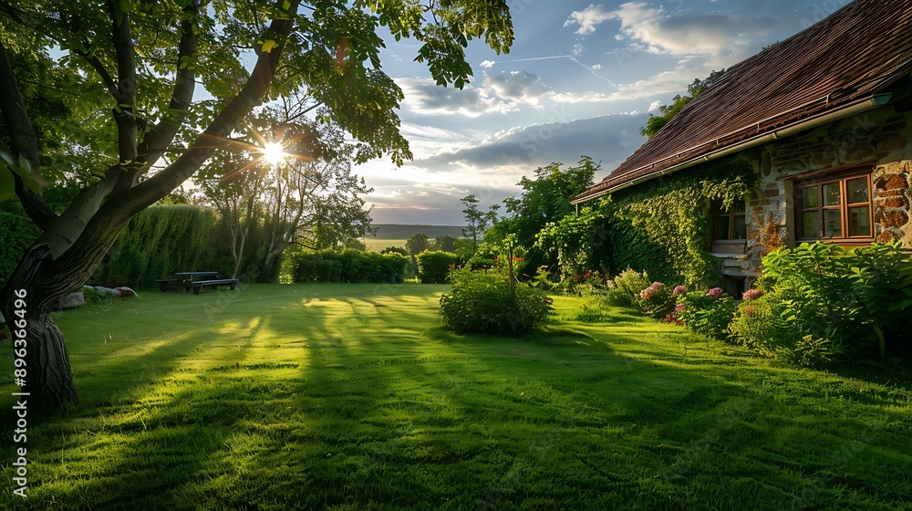 Naklejka premium Backyard of a country home on a sunny day in summer