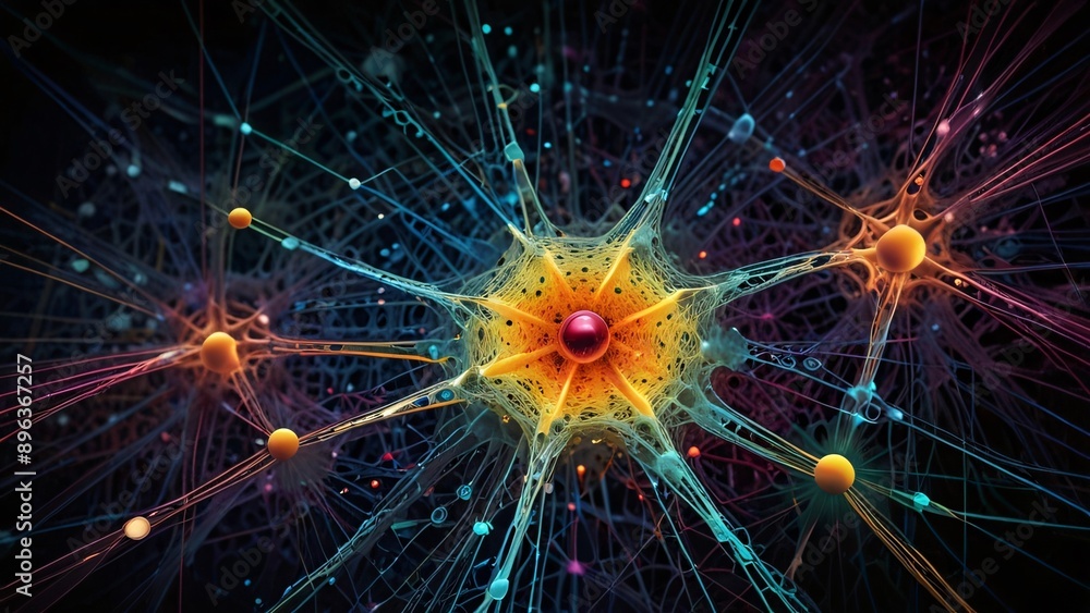 Fototapeta premium Visualizing neural network intricacy, abstract depiction with nodes, synaptic patterns, and dynamic data connections