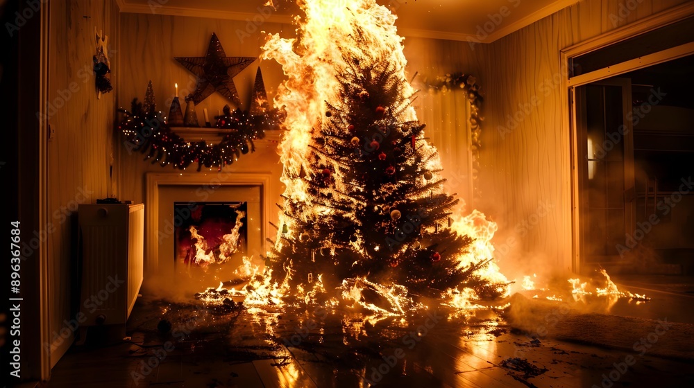 Dramatic image of a burning Christmas tree Dramatic image of a burning Christmas tree