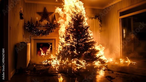 Dramatic image of a burning Christmas tree