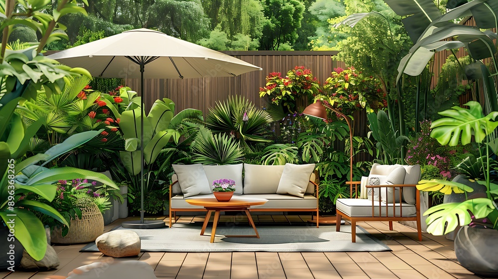 Fototapeta premium Backyard outdoor garden patio with garden furnitures coffee table parasol and plants