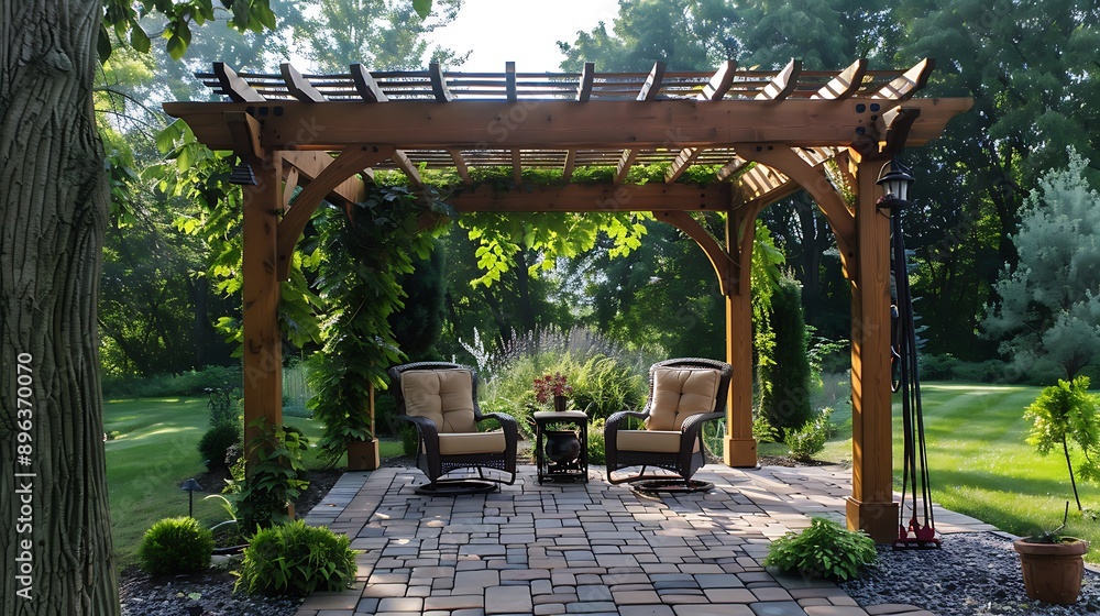 Backyard pergola with two arm chairs on pavers patio Backyard pergola with two arm chairs on pavers patio
