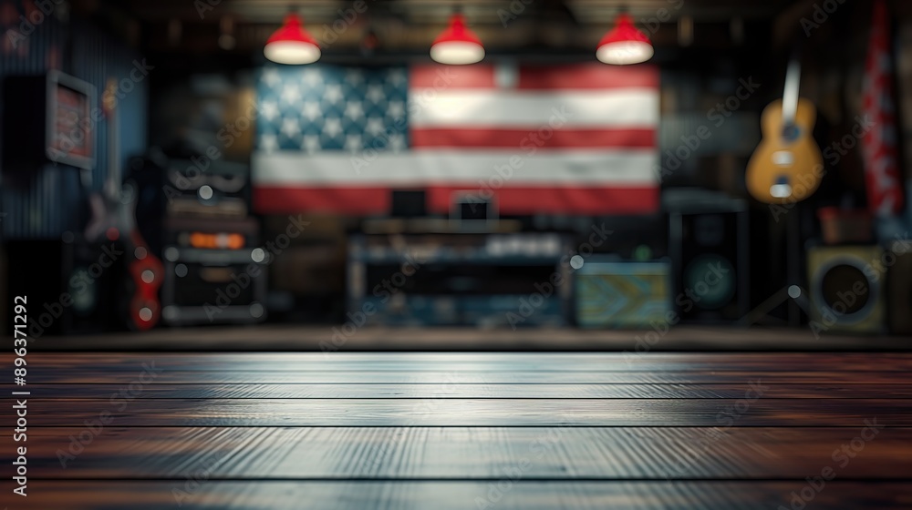 close up of empty wooden table with blurred music studio background close up of empty wooden table with blurred music studio background