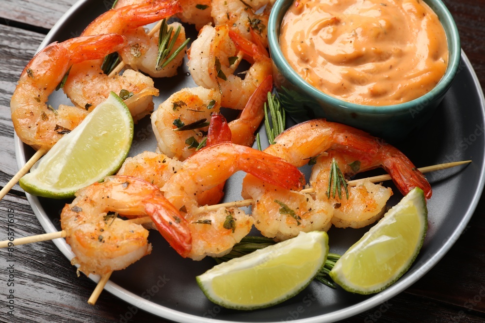 Skewers with delicious grilled shrimps served on wooden table Skewers with delicious grilled shrimps served on wooden table