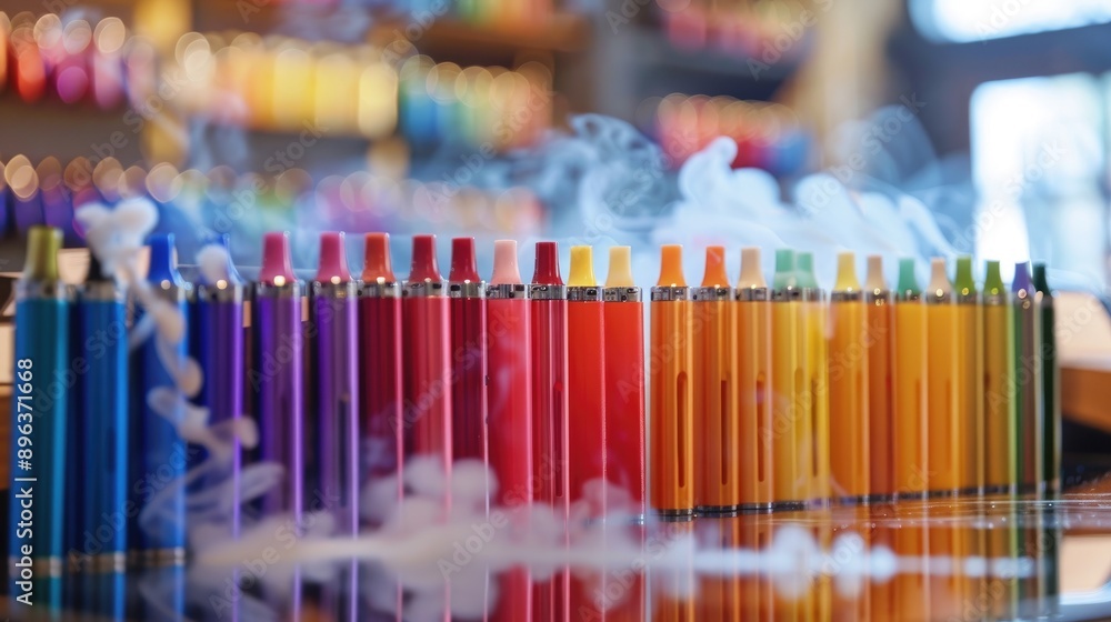 A display of colorful disposable e cigarettes with smoke on a table representing contemporary vaping and nicotine A display of colorful disposable e cigarettes with smoke on a table representing contemporary vaping and nicotine