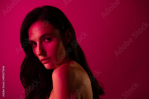 Photo of charming girl with brunette hair look feel flirty isolated pink neon color background