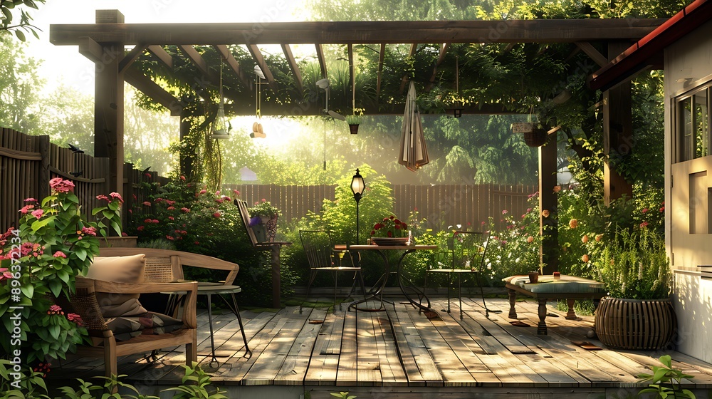 Backyard sheltered outdoor patio deck seating for warm summer morning coffee or tea Backyard sheltered outdoor patio deck seating for warm summer morning coffee or tea