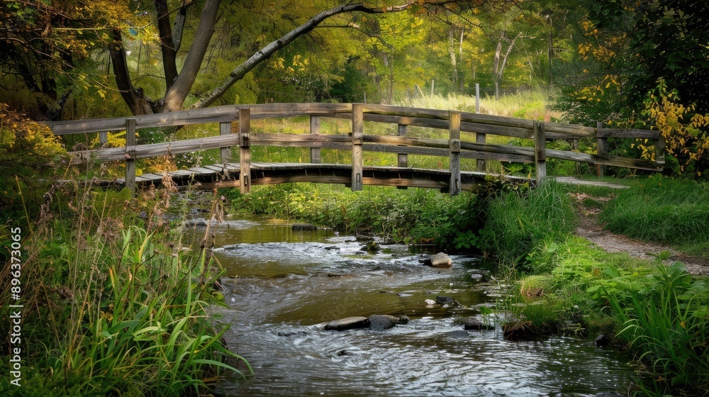 A quaint wooden bridge above a slender stream in a rural setting A quaint wooden bridge above a slender stream in a rural setting